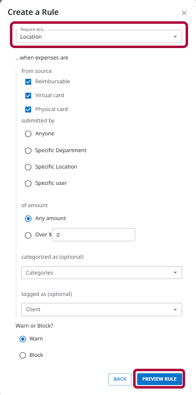 Require a(n) dropdown displaying Expense fields and user-editable Team fields available for selection.