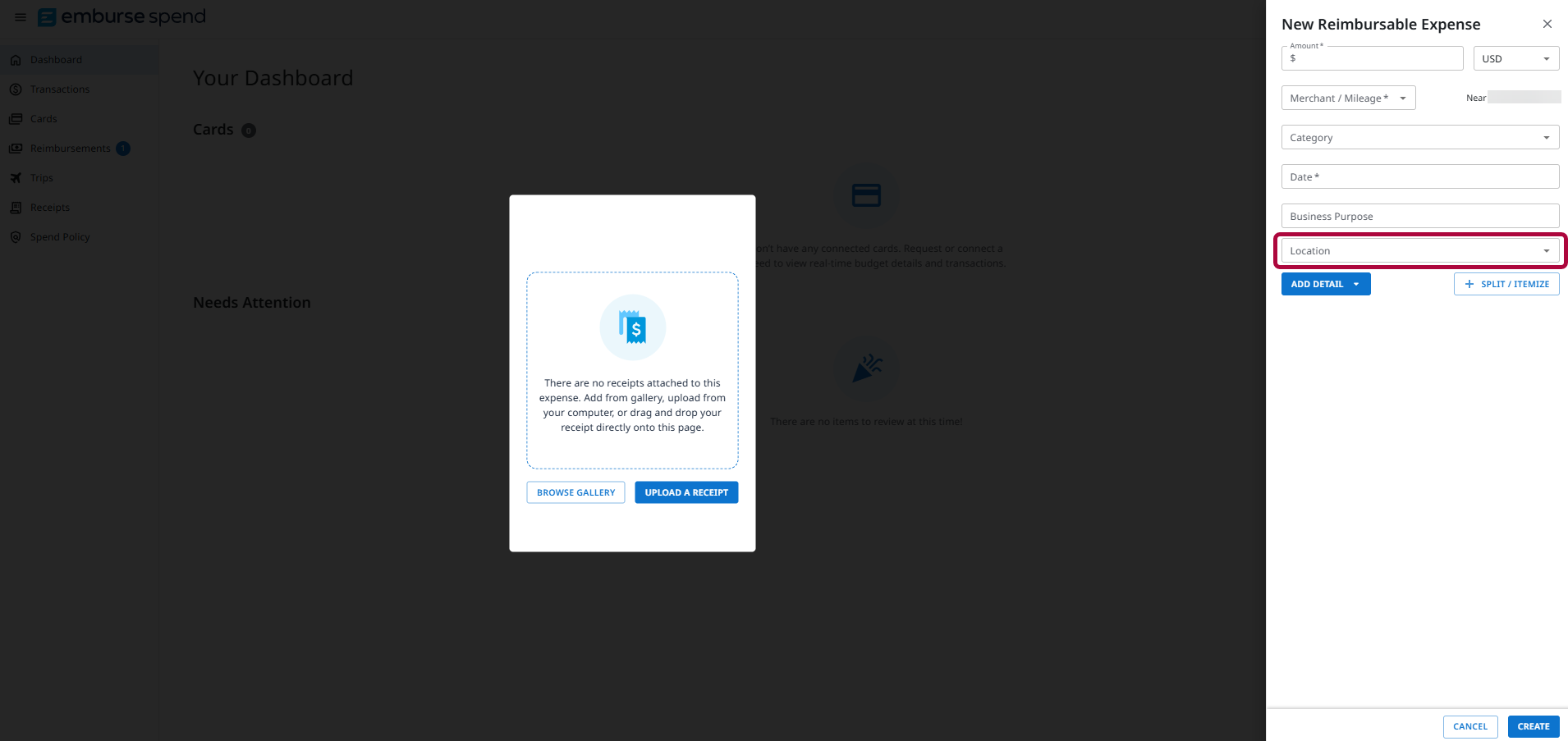 New Reimbursable Expense panel open on the right side of the screen with fields for Amount, Merchant or Mileage, Category, Date, Business Purpose, and Location, with the Location dropdown highlighted; the main page behind shows a receipt upload modal with options to Browse Gallery or Upload a Receipt.