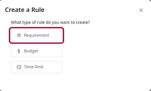 Rule setup screen with Requirement selected as the rule type.