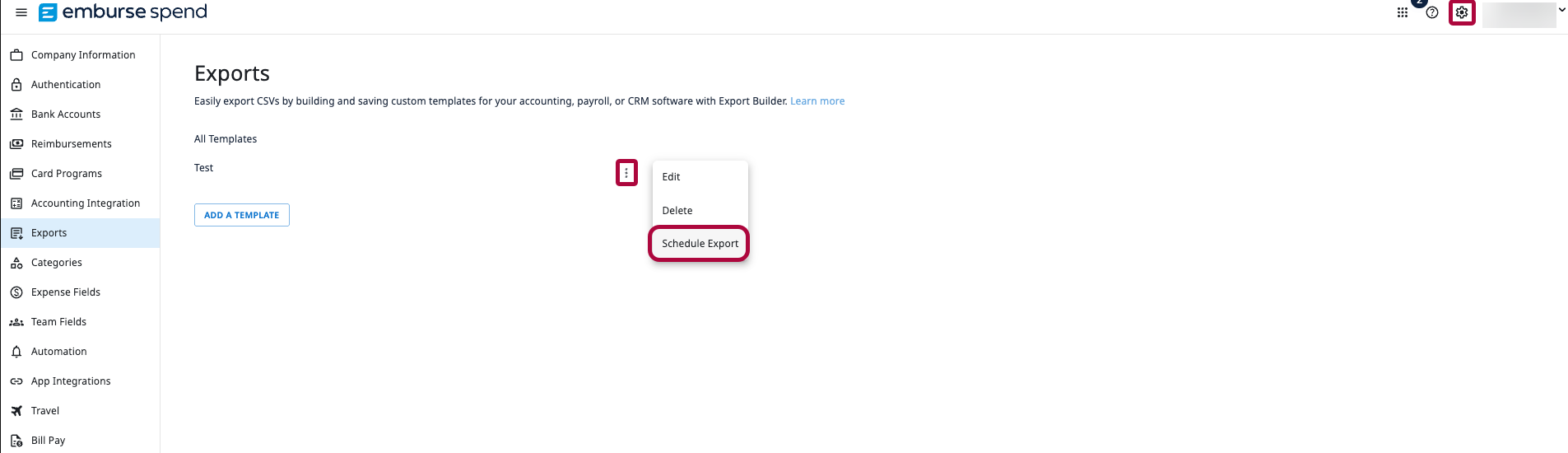More Actions menu for a custom export template showing options to Edit, Delete, or Schedule Export.