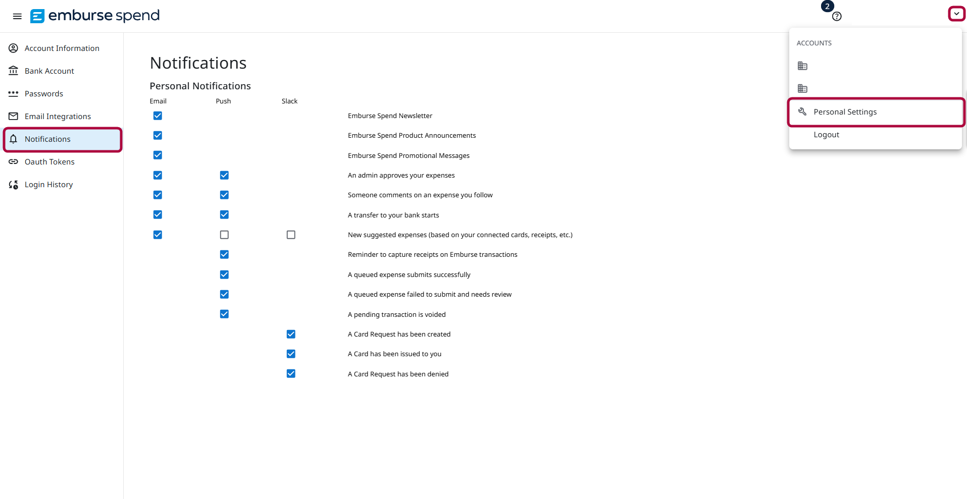Emburse Spend desktop Notifications page under Personal Settings, showing email, push, and Slack notification options with checkboxes. The Notifications option is highlighted in the left sidebar, and the Personal Settings menu is open in the top-right account dropdown.