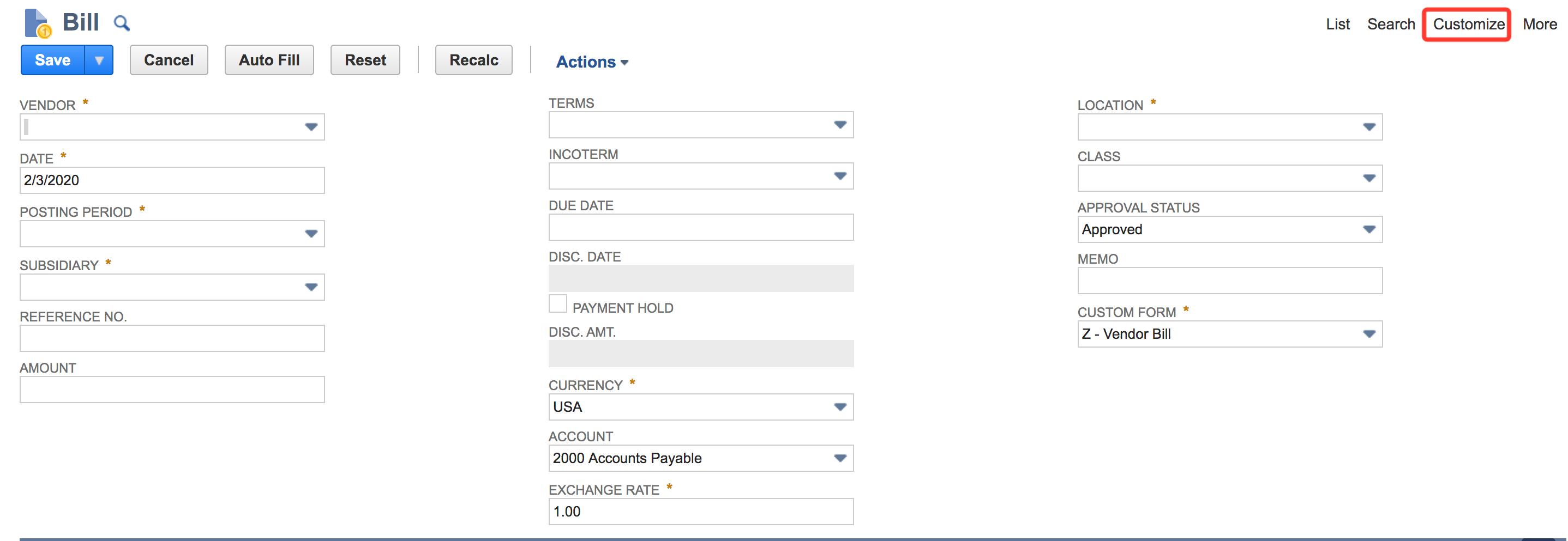 NetSuite Bill entry form showing vendor, date, subsidiary, location, class, currency, account, and other fields, with the Customize option highlighted in the top right corner.