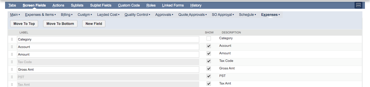 NetSuite Screen Fields tab showing the Expenses subtab with fields like Category, Account, and Amount, some marked as visible with the Show checkbox.
