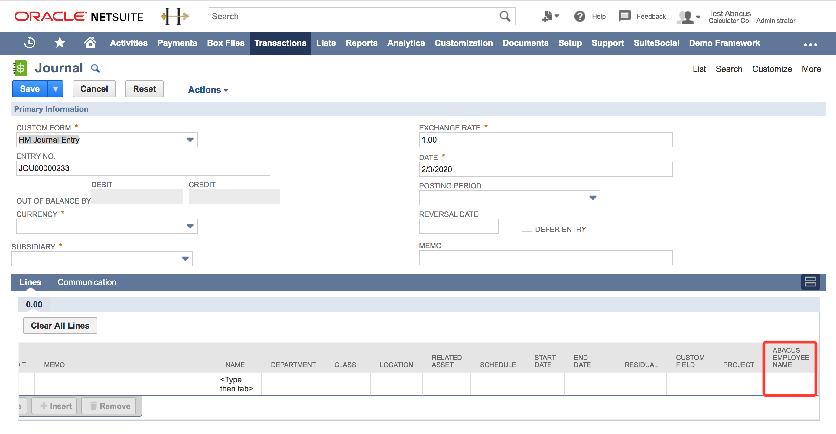 NetSuite Journal entry form with the Lines section open, displaying columns like Department, Class, Location, and a highlighted custom field “Abacus Employee Name.”