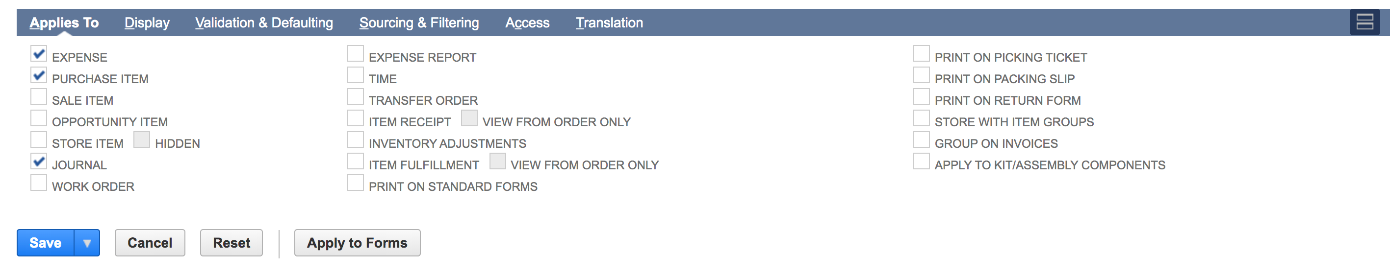 NetSuite “Applies To” tab with Expense, Purchase Item, and Journal checked.
