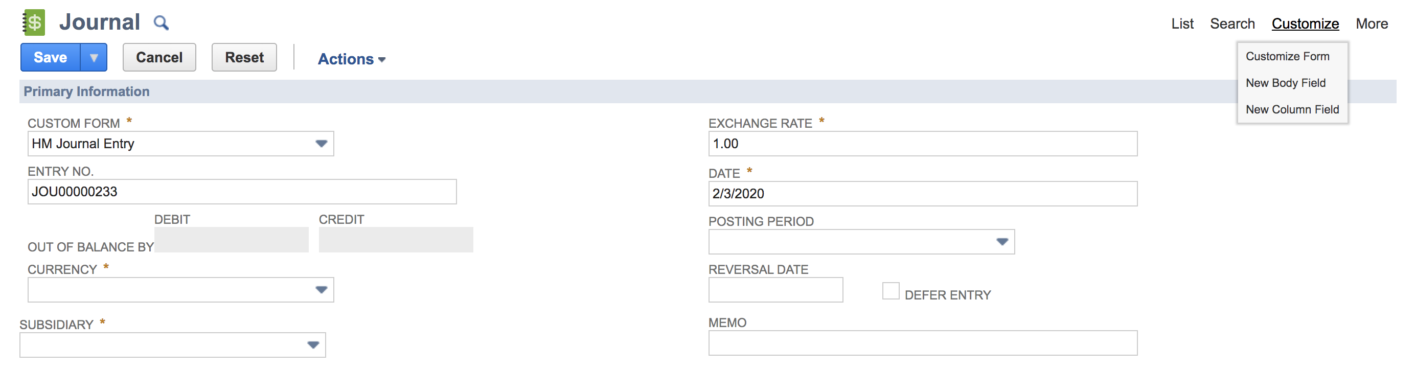 NetSuite Journal entry form with fields for custom form, entry number, currency, and subsidiary, showing the Customize menu expanded.