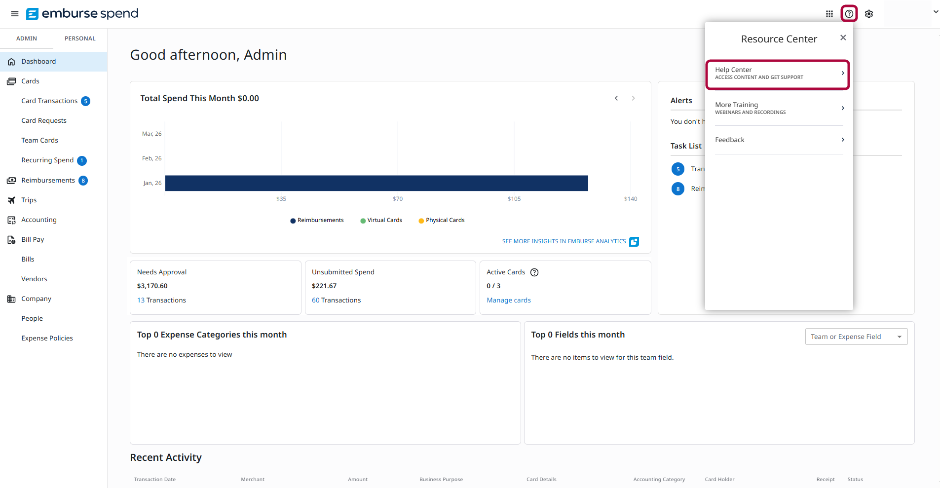 Resource Center panel open in Emburse Spend showing Help Center option selected