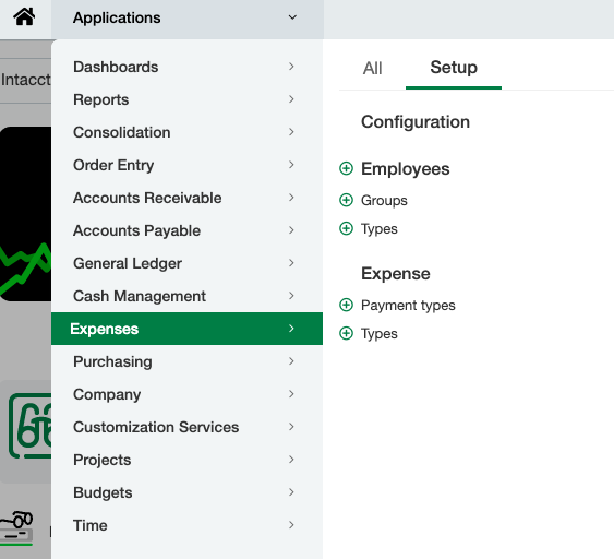 Sage Intacct navigation menu showing Applications, Expenses, Setup, and Types selected.