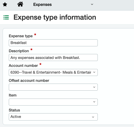 Sage Intacct Expense type information form showing fields for Expense type, Description, Account number, Offset account number, Item, and Status.