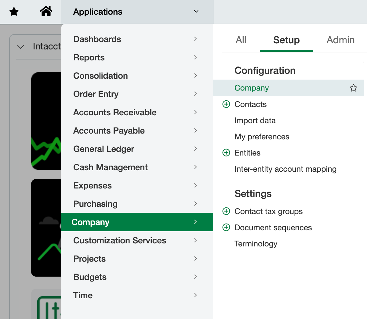 Sage Intacct Applications menu showing Company under Setup