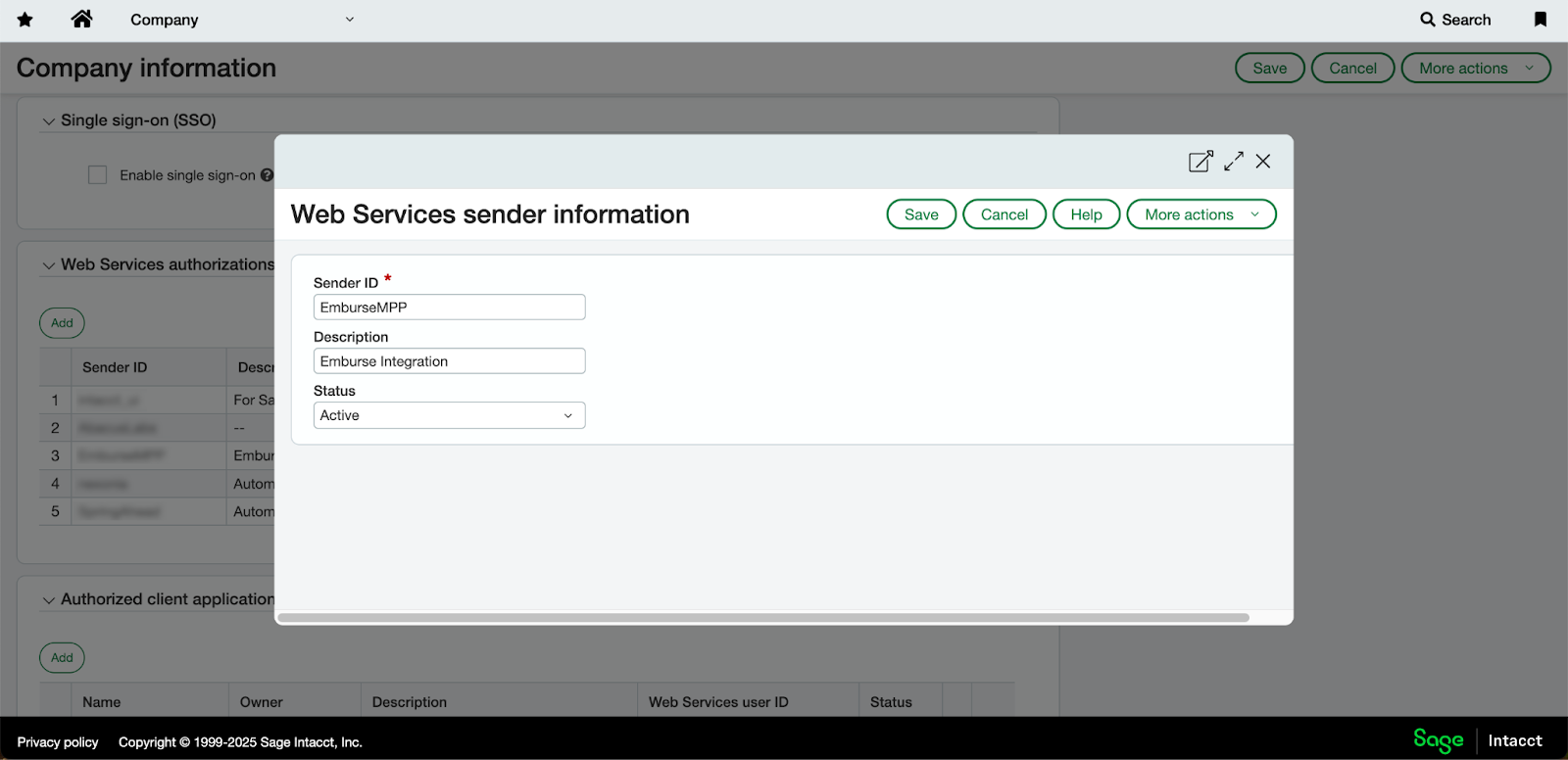 Web Services sender information window with Sender ID field