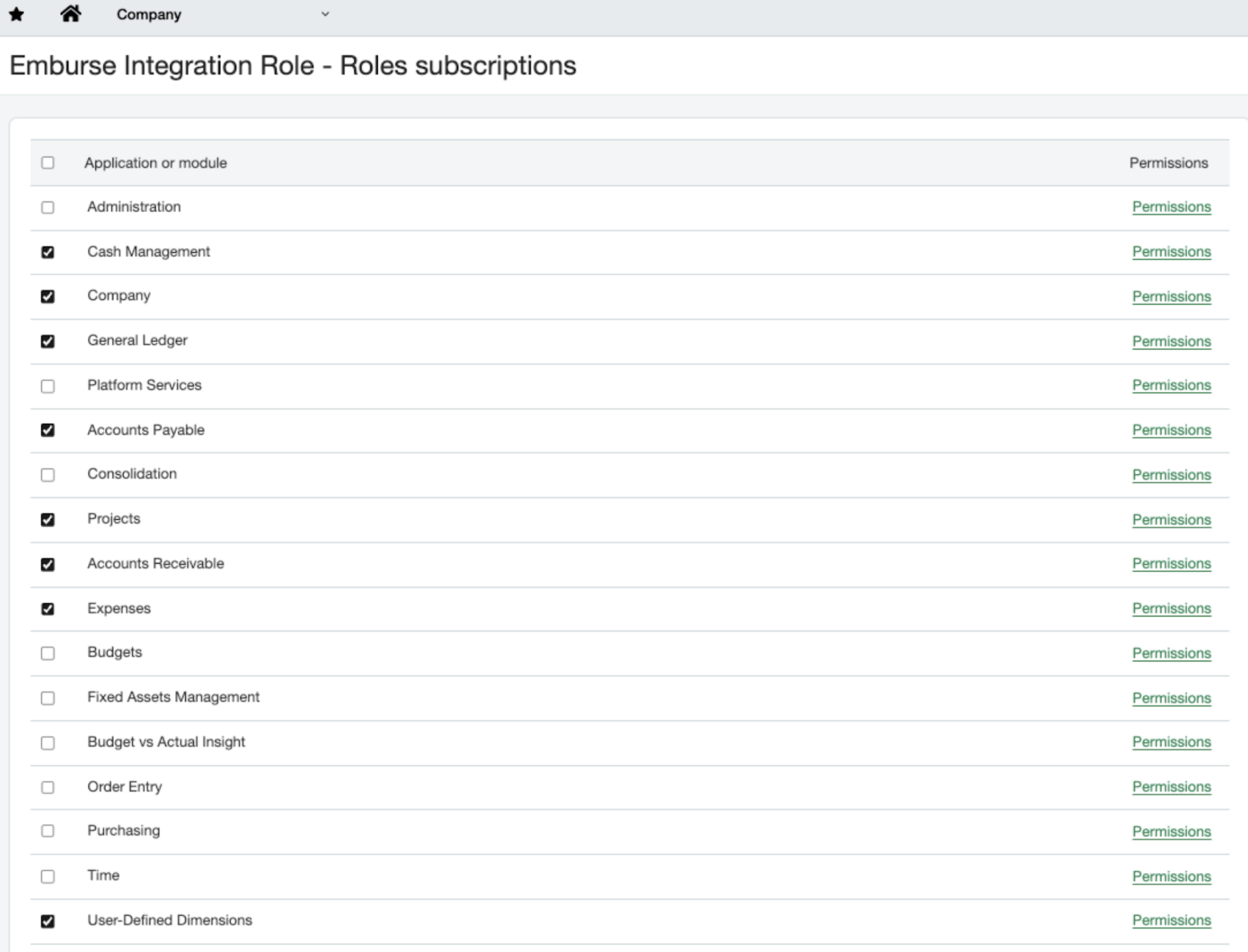 Roles Subscriptions screen listing enabled Sage Intacct modules