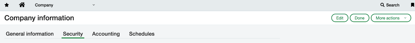 Company information page in Sage Intacct with the Security tab selected and Edit, Done, and More actions buttons visible.