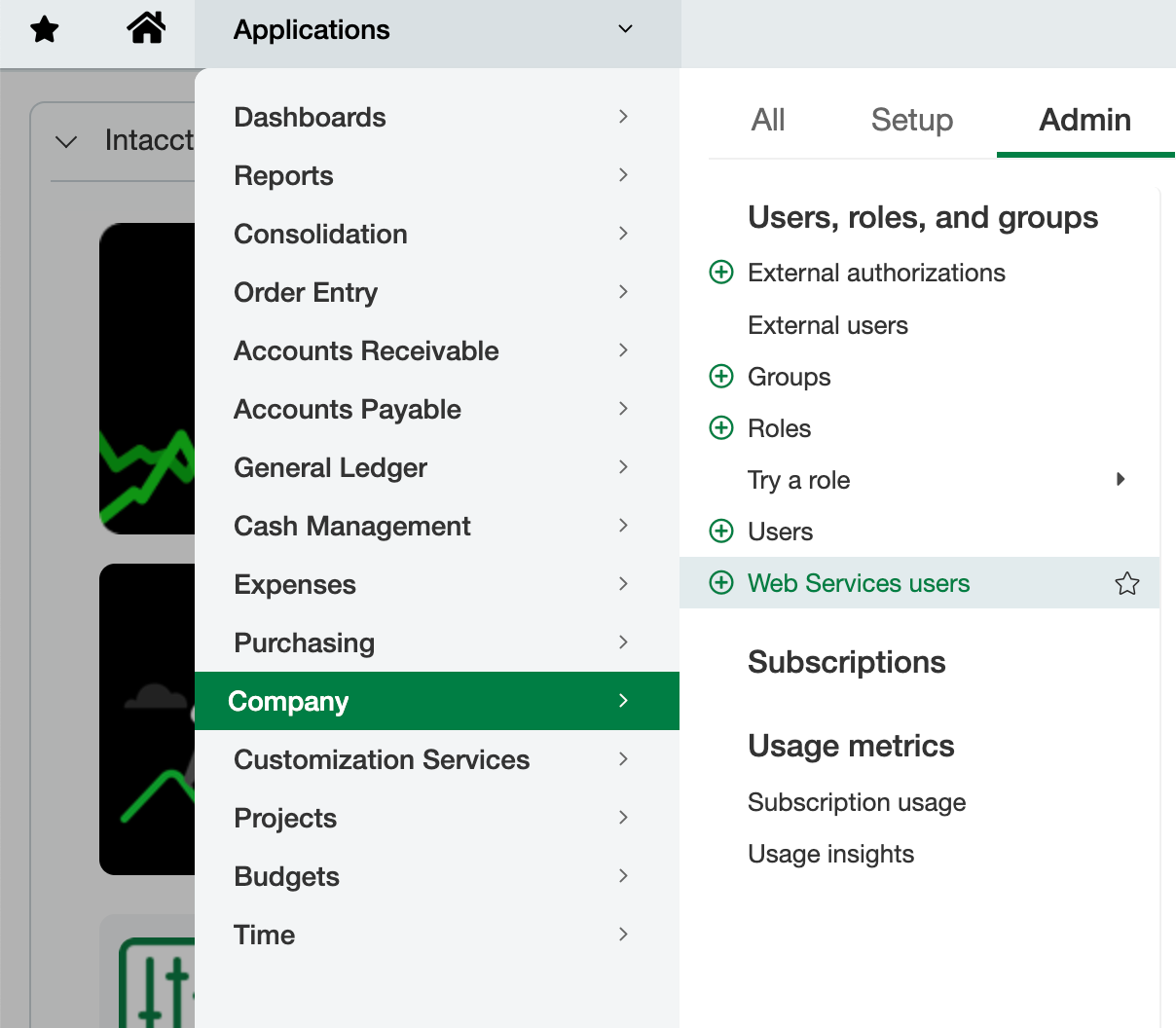 Applications menu showing Web Service Users under Company Admin