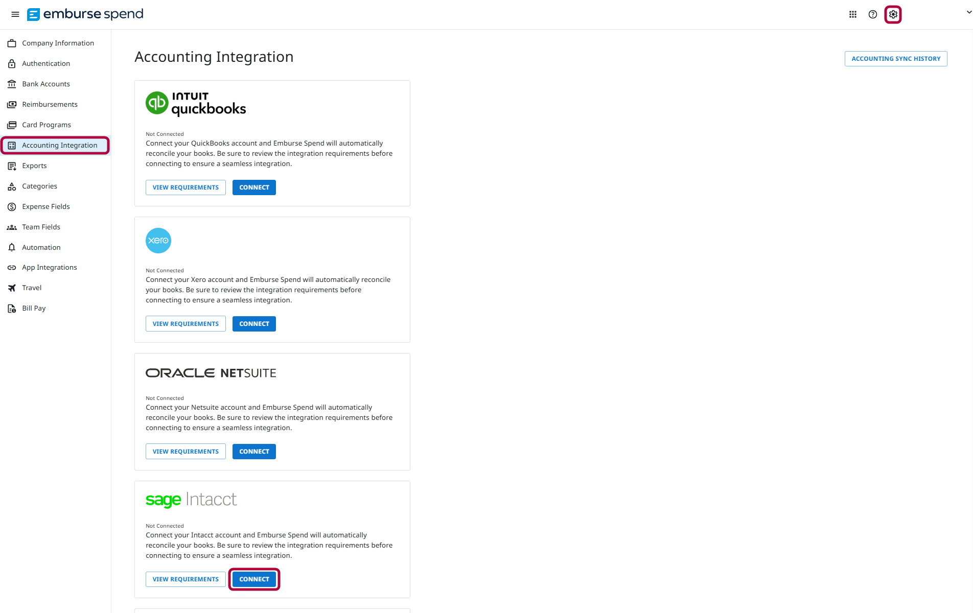 Emburse Spend Company Settings screen with Accounting Integration selected