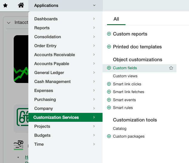 Sage Intacct Applications menu with Customization Services selected