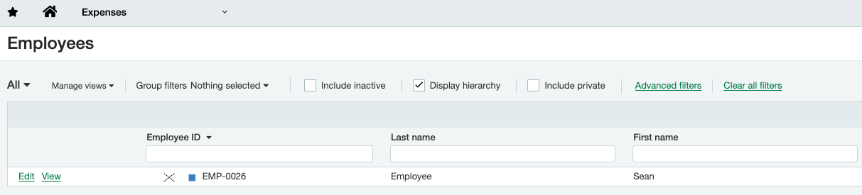 Sage Intacct Employees page showing employee list filters, including inactive and hierarchy options, with one employee record displayed.