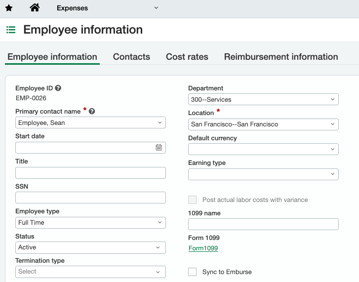 Employee record page displaying Sync to Emburse checkbox