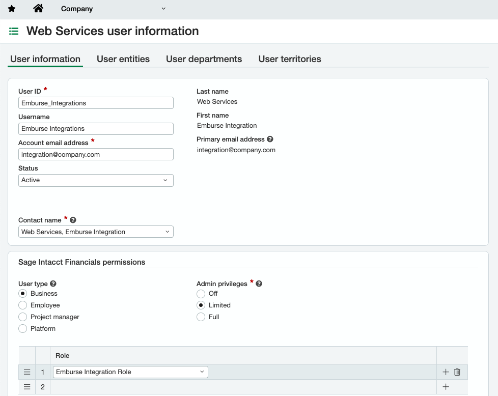 Web Services user information screen with User ID and Role fields