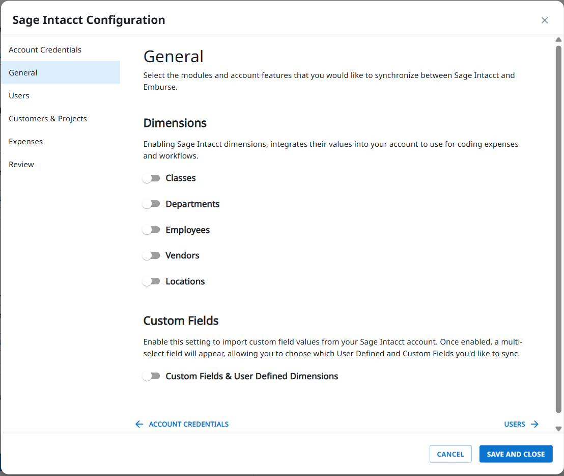 Sage Intacct Configuration dialog showing the General section with sync options for Intacct records