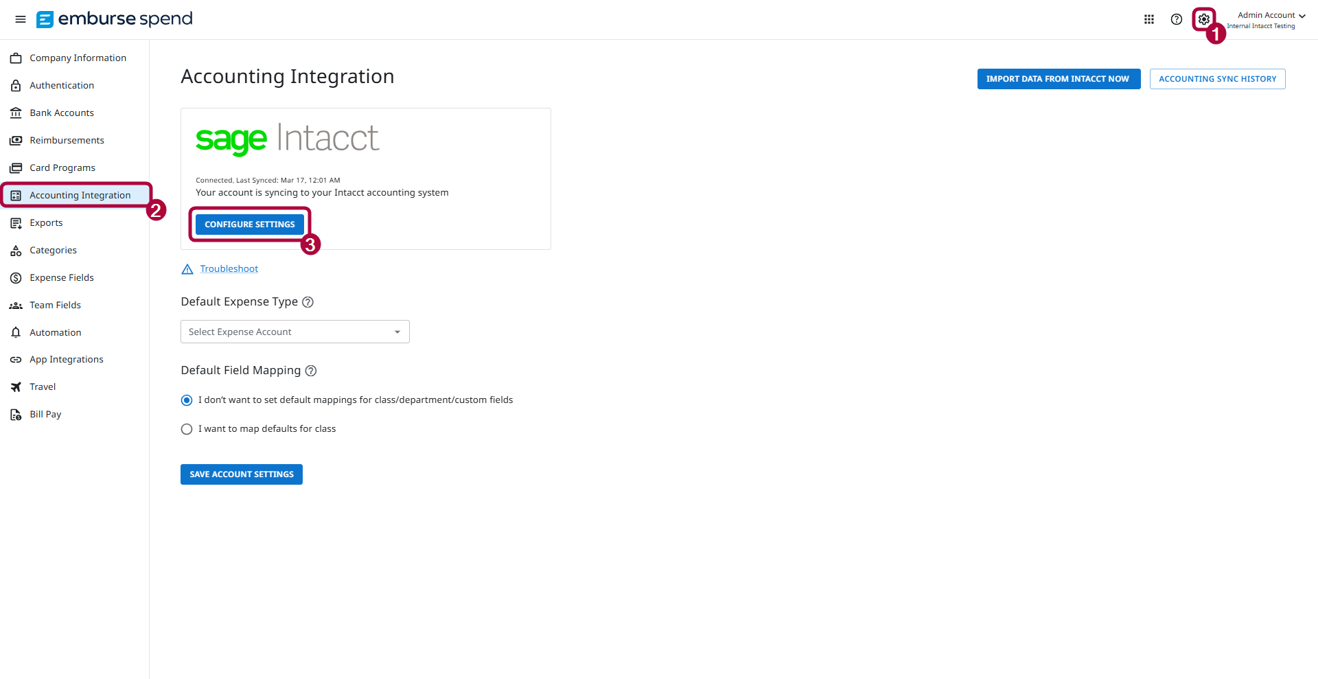 Accounting Integration page with Settings, Accounting Integration, and Configure Settings highlighted