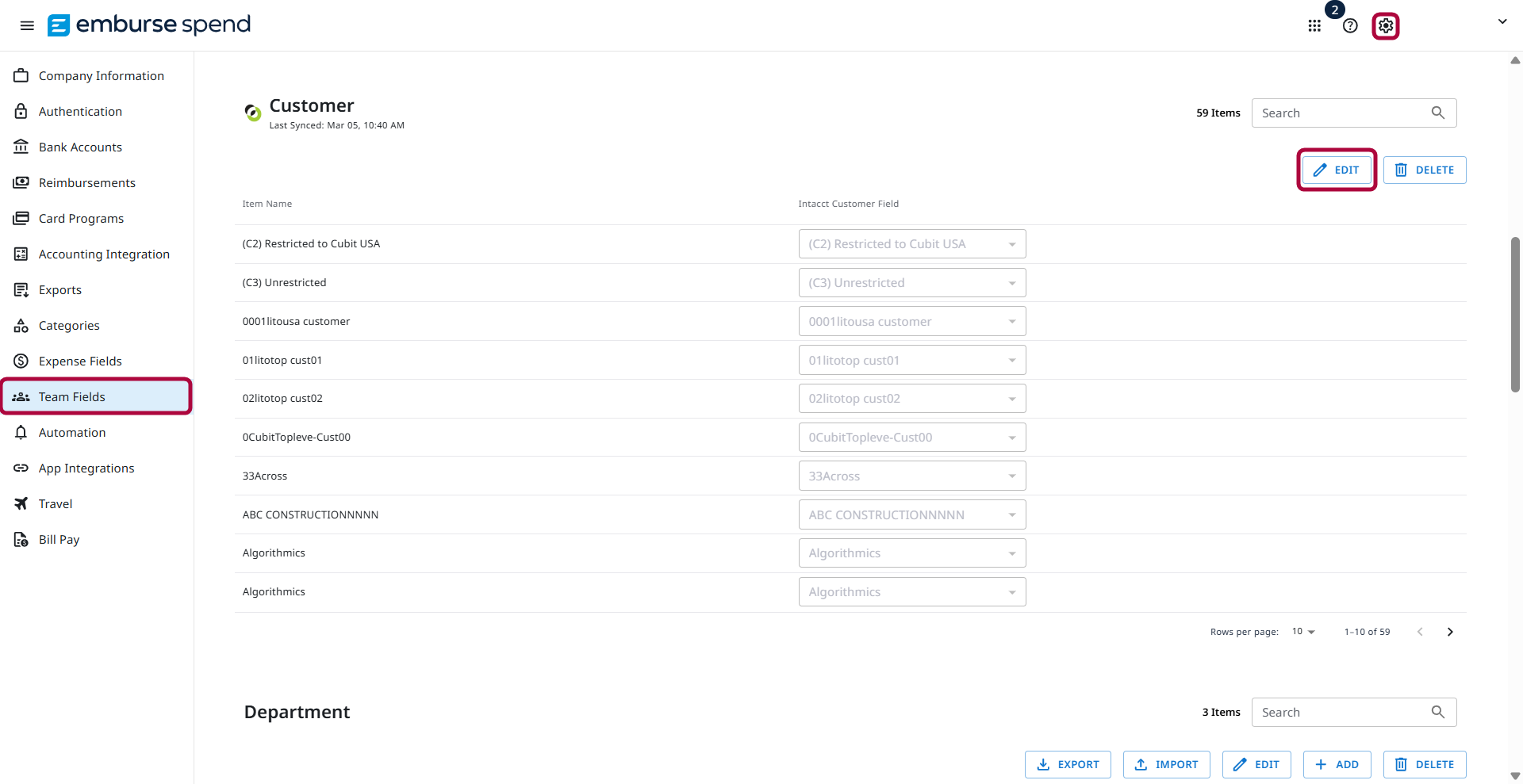 Team Fields page with the Edit button highlighted for a team field