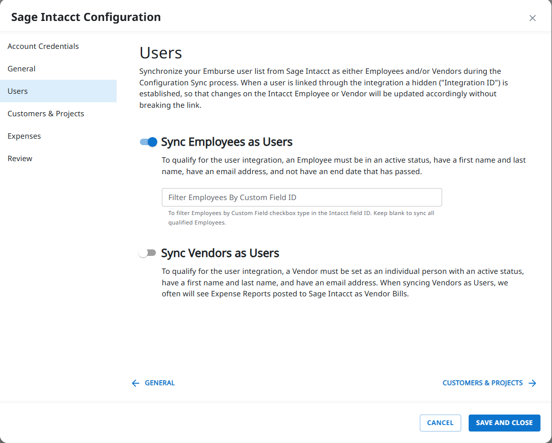 Sage Intacct Configuration dialog showing the Users section with Sync Employees as Users enabled