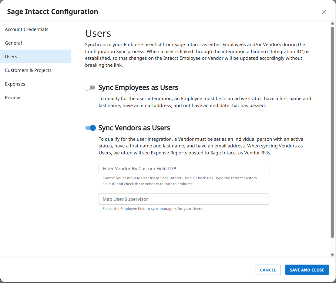 Sage Intacct Configuration dialog showing vendor user sync settings and related mapping fields