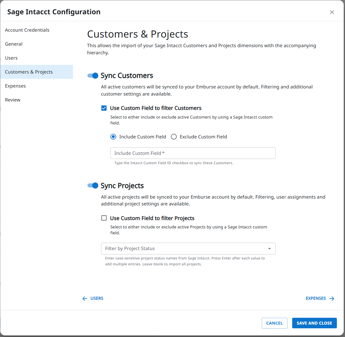 Sage Intacct Configuration dialog showing the Customers and Projects section for customer and project sync settings