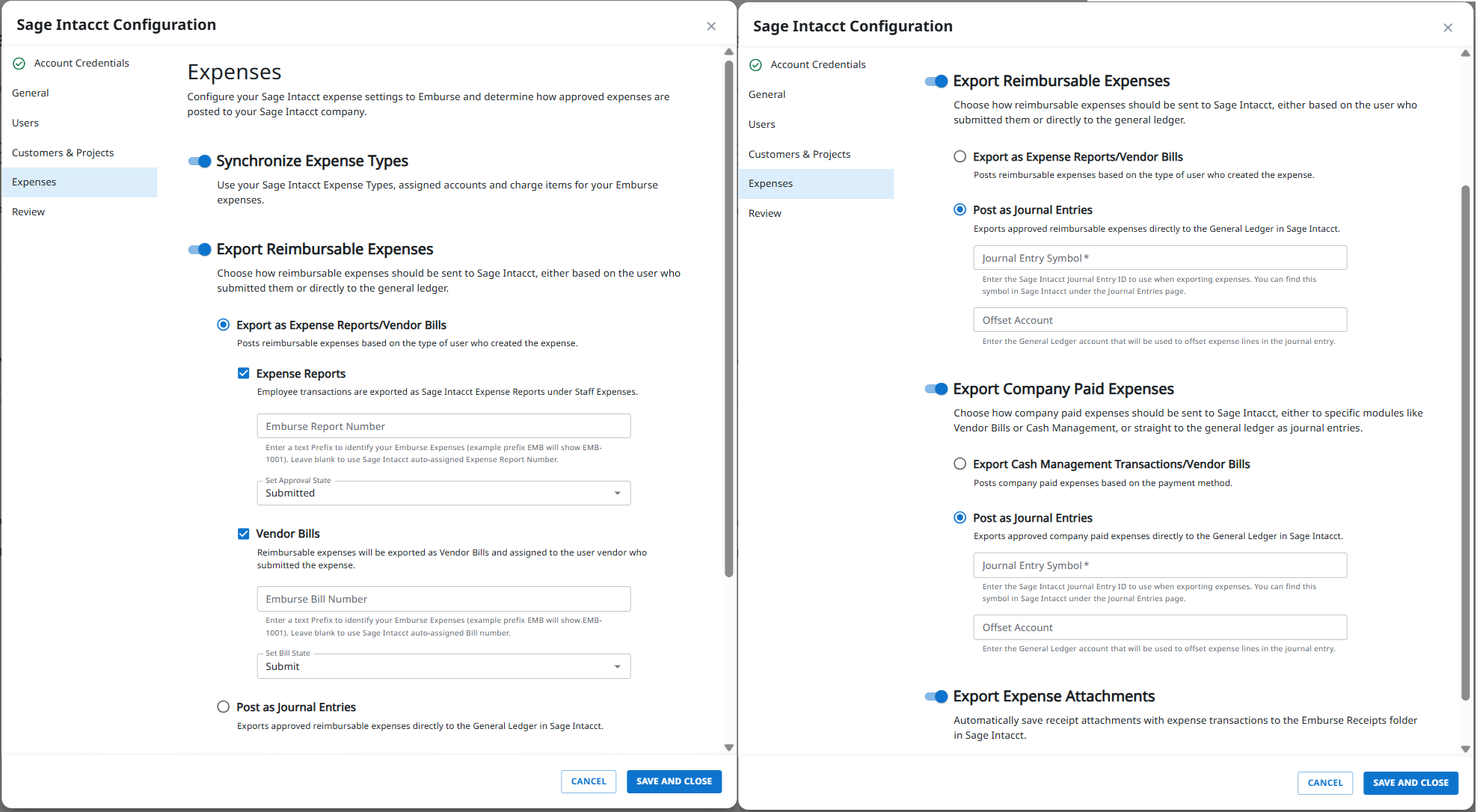 Sage Intacct Configuration dialog showing the Expenses section for export and expense type settings