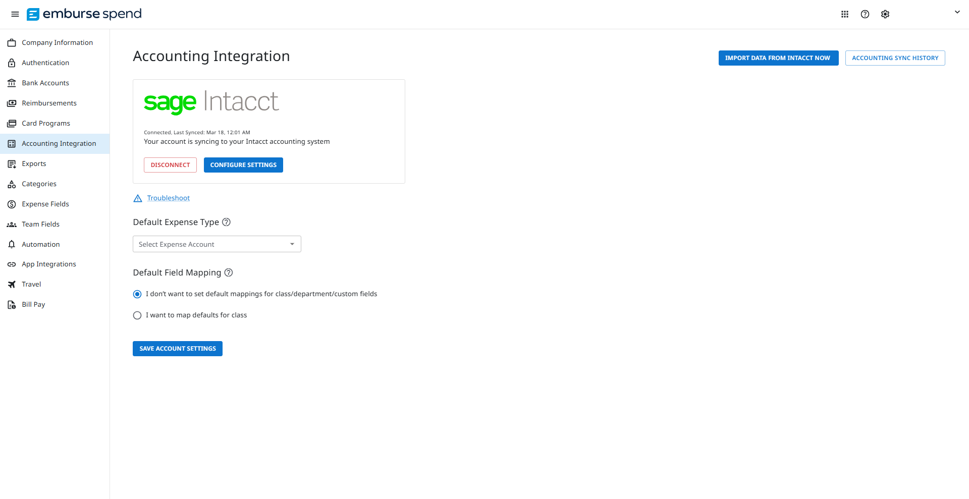 Accounting Integration page in Emburse Spend