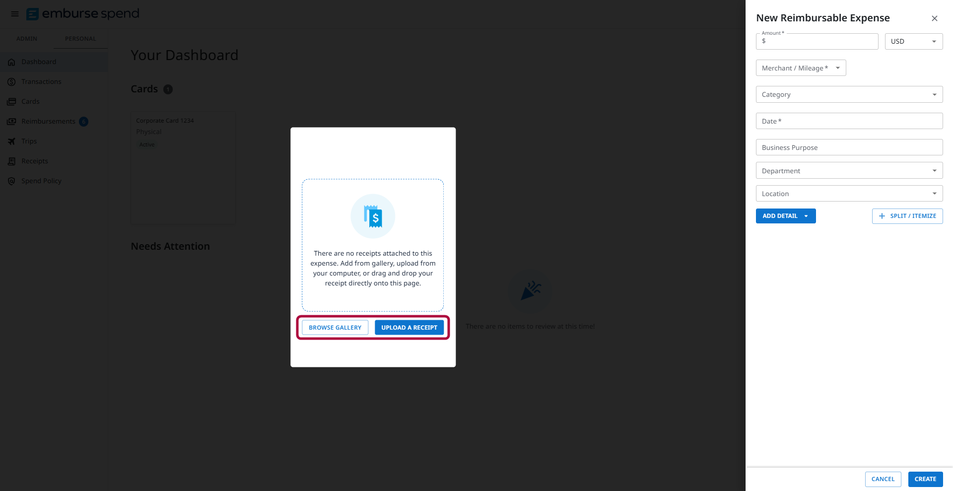 New Reimbursable Expense side panel open in Emburse Spend, with fields for amount, expense type, category, date, business purpose, department, and location, and a receipt upload dialog showing Browse Gallery and Upload a Receipt buttons.