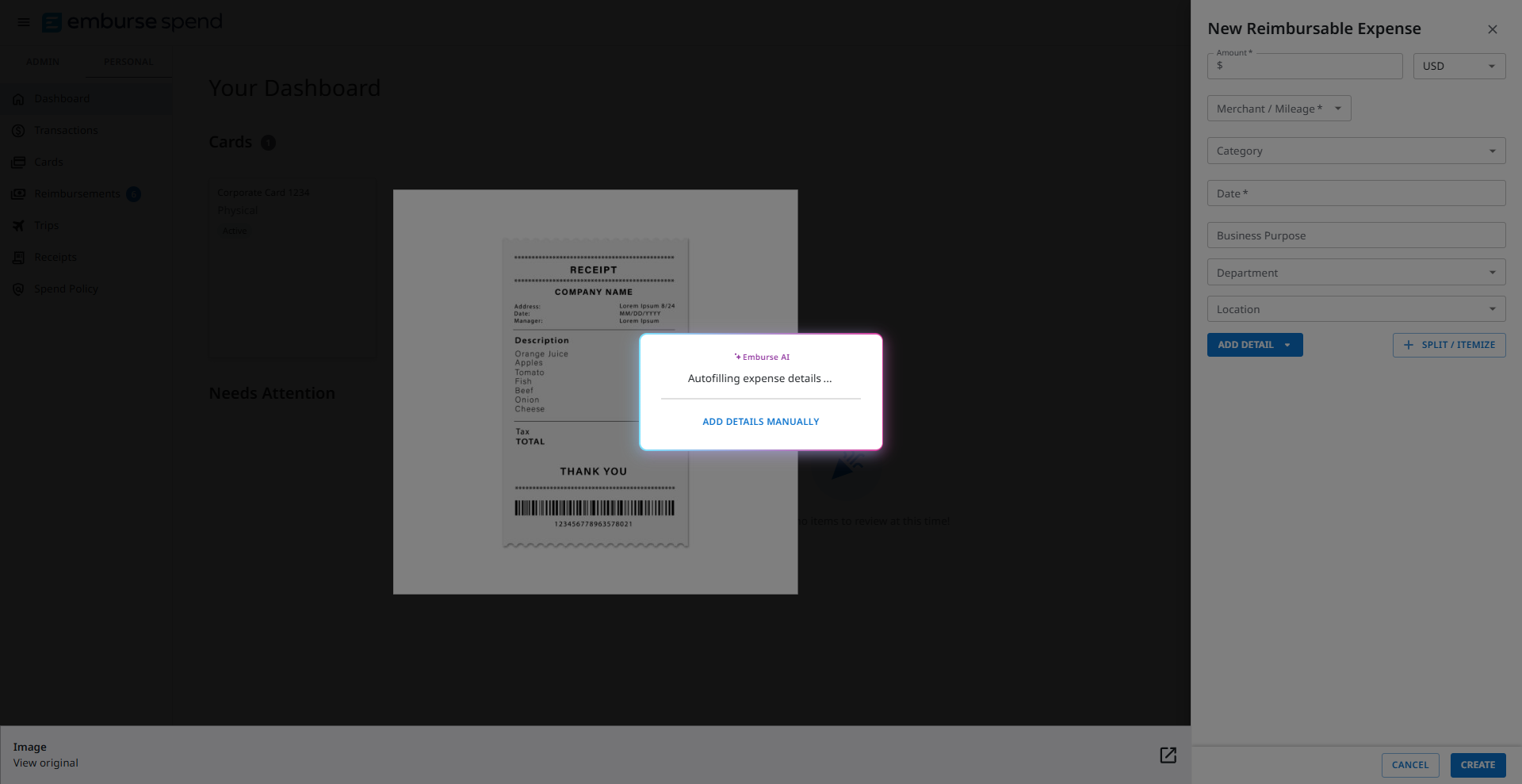 Modal indicating receipt details are being extracted with Add Details Manually button