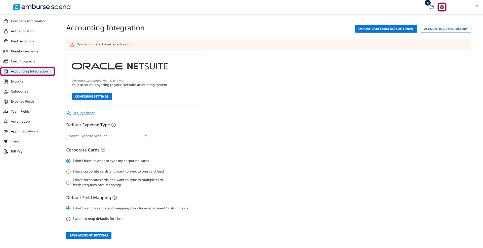 Screenshot of the Emburse Spend NetSuite Accounting Integration settings page, showing configuration options such as corporate card mapping and default expense type.