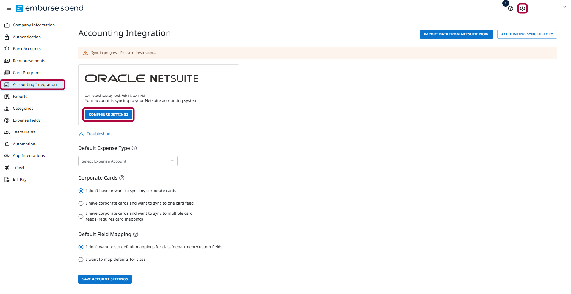 Screenshot of the Emburse Spend NetSuite Accounting Integration settings page, showing configuration options such as corporate card mapping and default expense type.