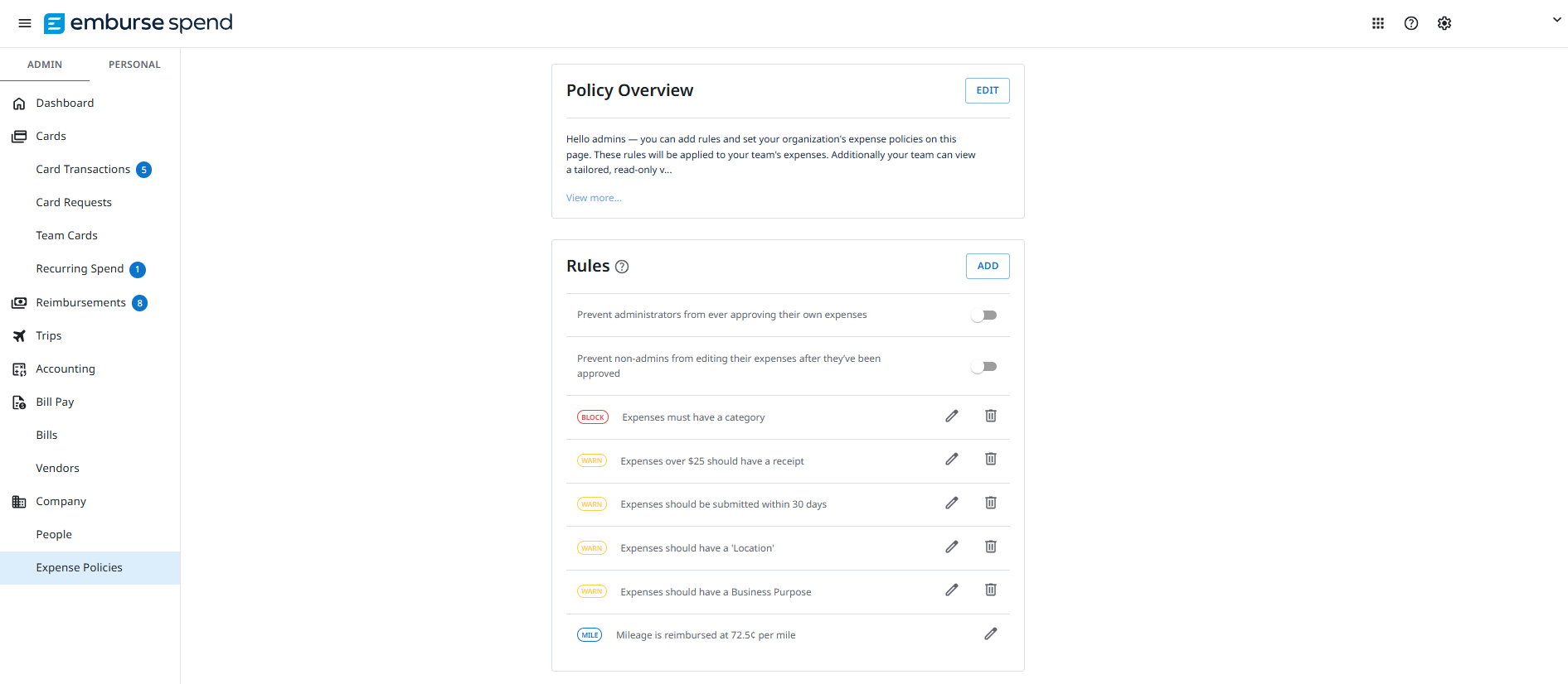Expense Policies page in Emburse Spend with Admin navigation selected, showing Policy Overview panel and Rules section with multiple expense policy rules, including block and warning conditions, edit and delete options, and toggles for admin controls.