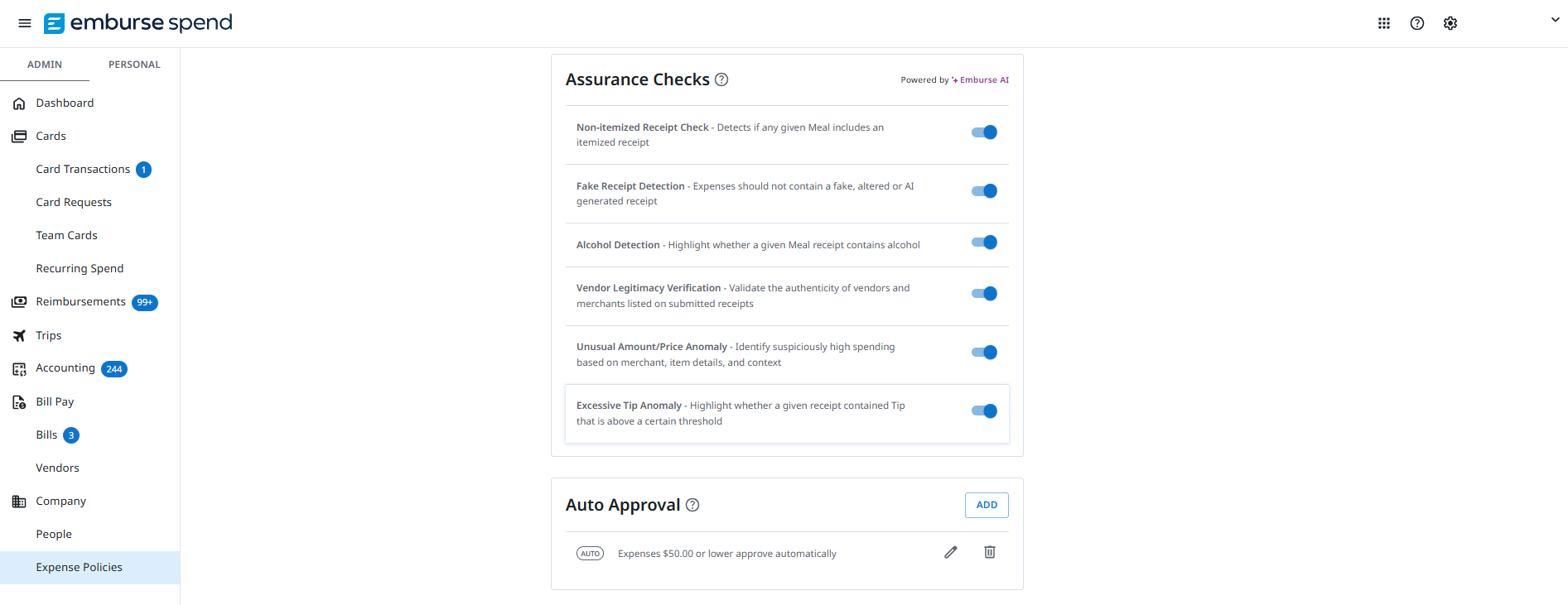 Expense Policies page with Assurance Checks toggles and Auto Approval rule for low-value expenses