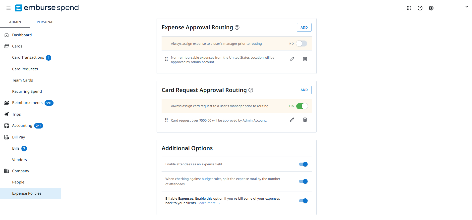Expense Policies page showing expense and card approval routing rules and additional options settings