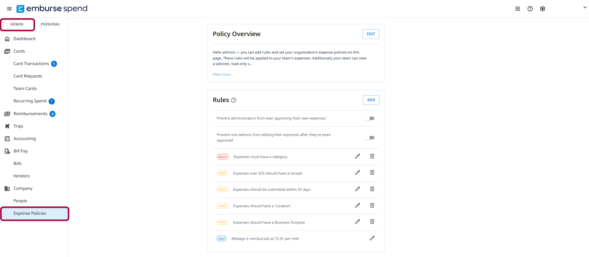 Expense Policies page showing Admin tab selected, Policy Overview, and Rules section with policy settings