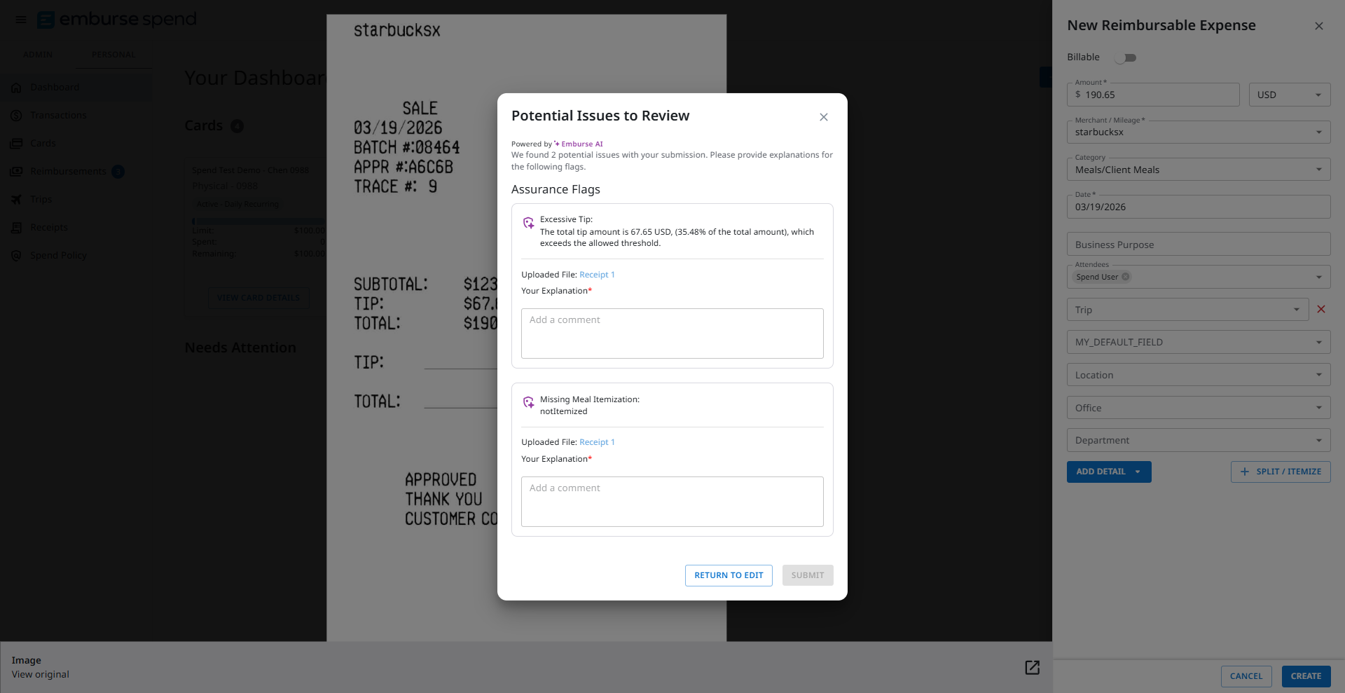 Potential Issues to Review modal displaying flagged expense issues and required explanations before submission.