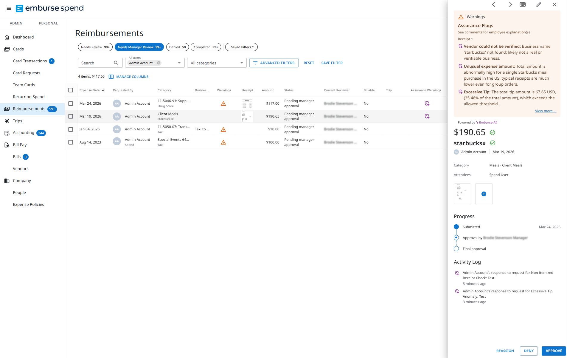 Expense detail view with yellow warning box highlighting an Emburse Assurance check after submission.