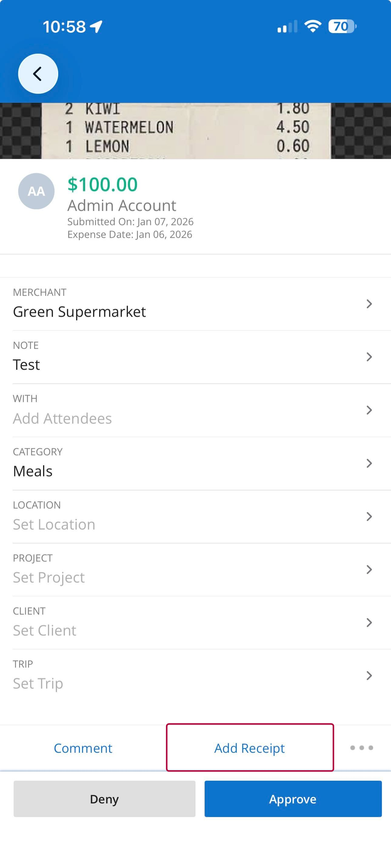 Add Receipt button at the bottom of a submitted expense screen