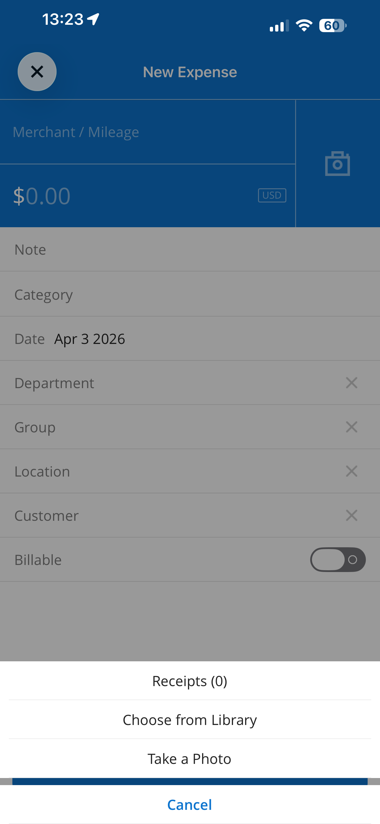 Receipt options menu showing Receipts, Choose from Library, and Take a Photo options