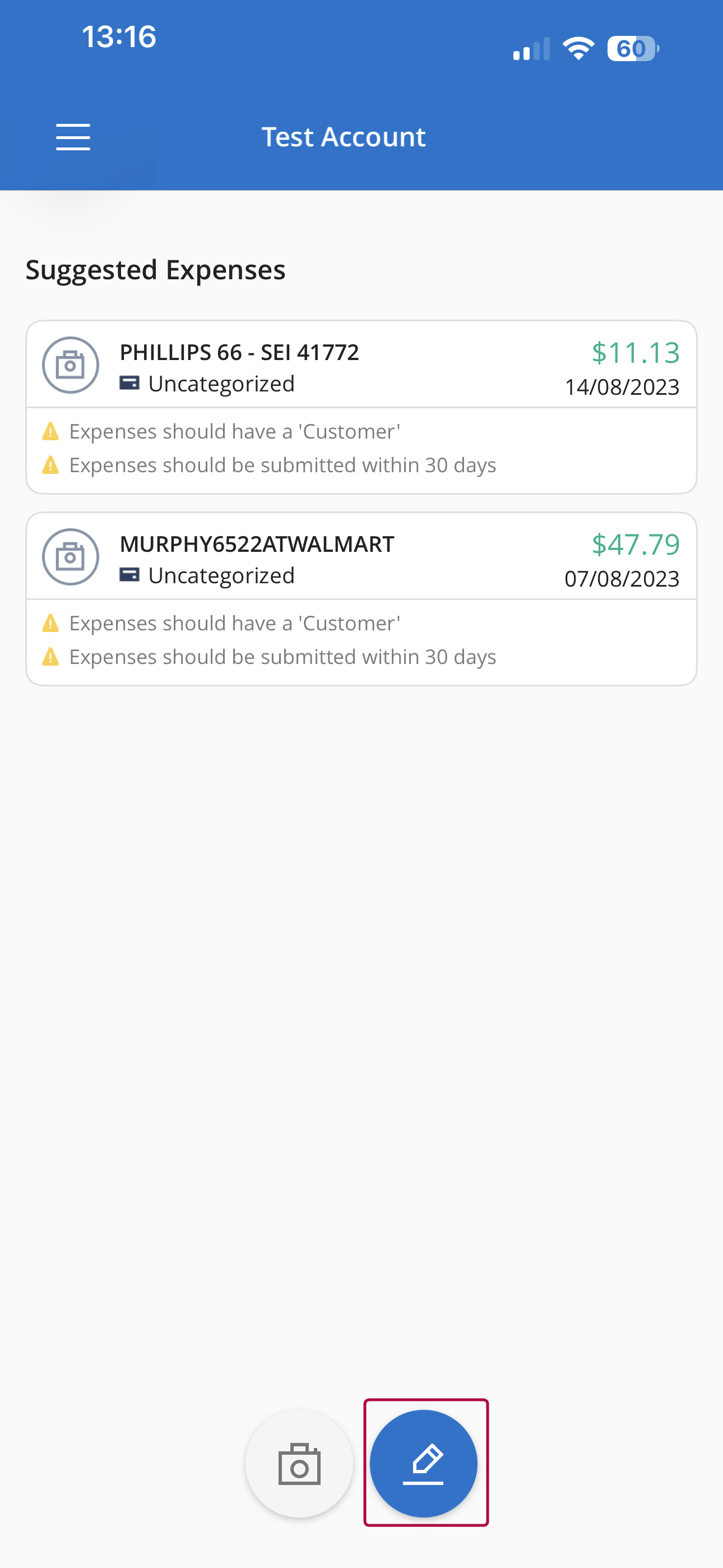 Dashboard screen with pencil button used to create a new expense