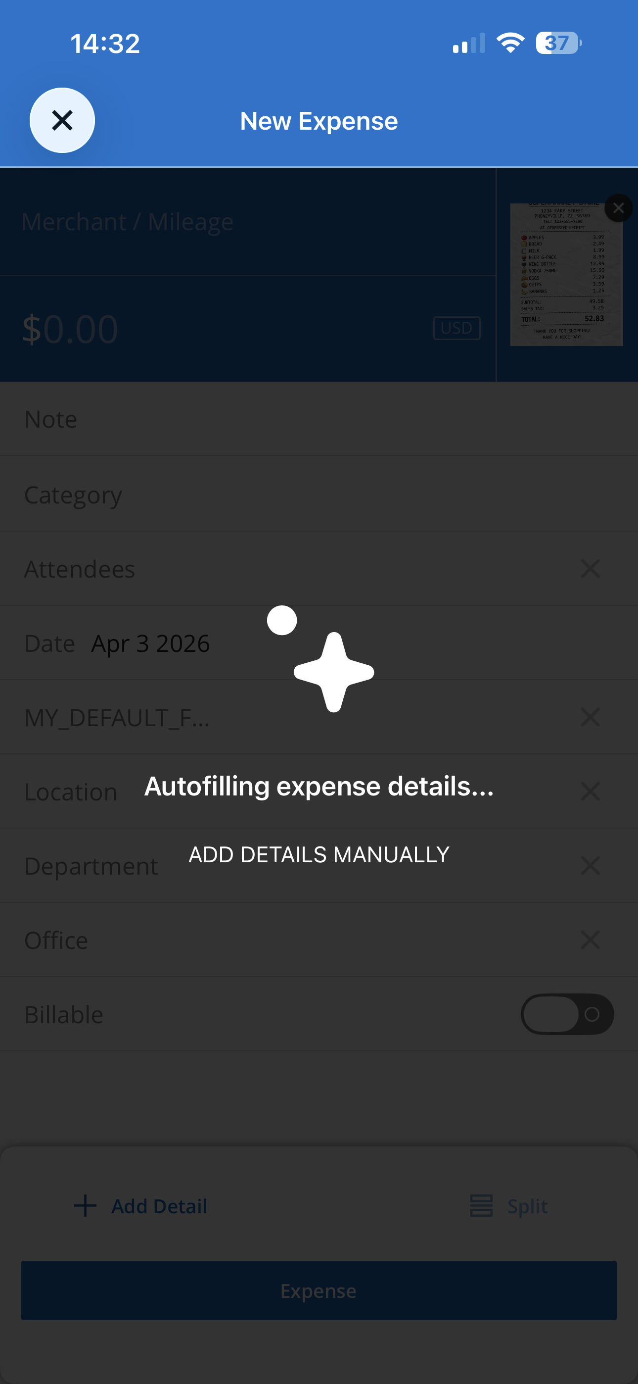 Autofilling expense details screen showing Emburse AI extracting receipt data