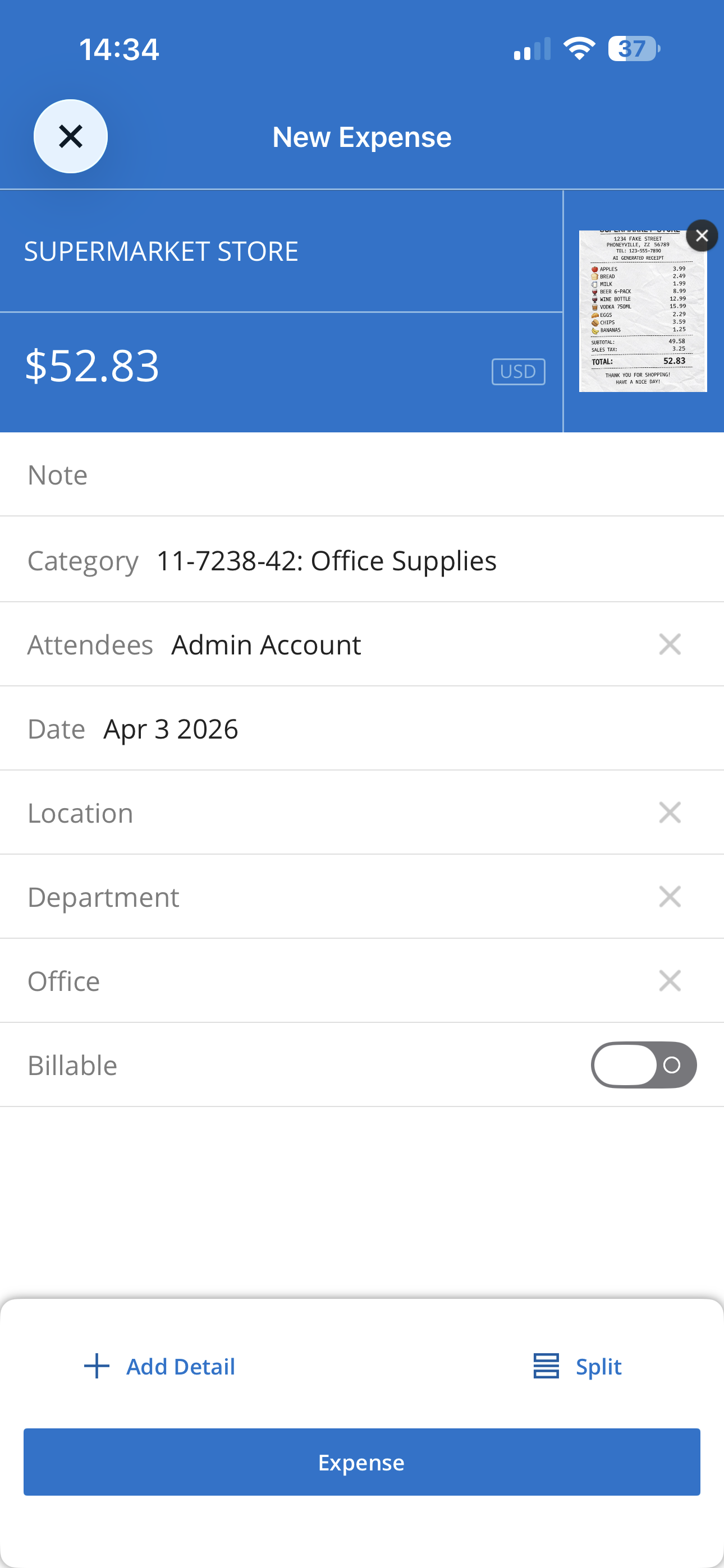 Expense review screen with Expense button to submit the transaction