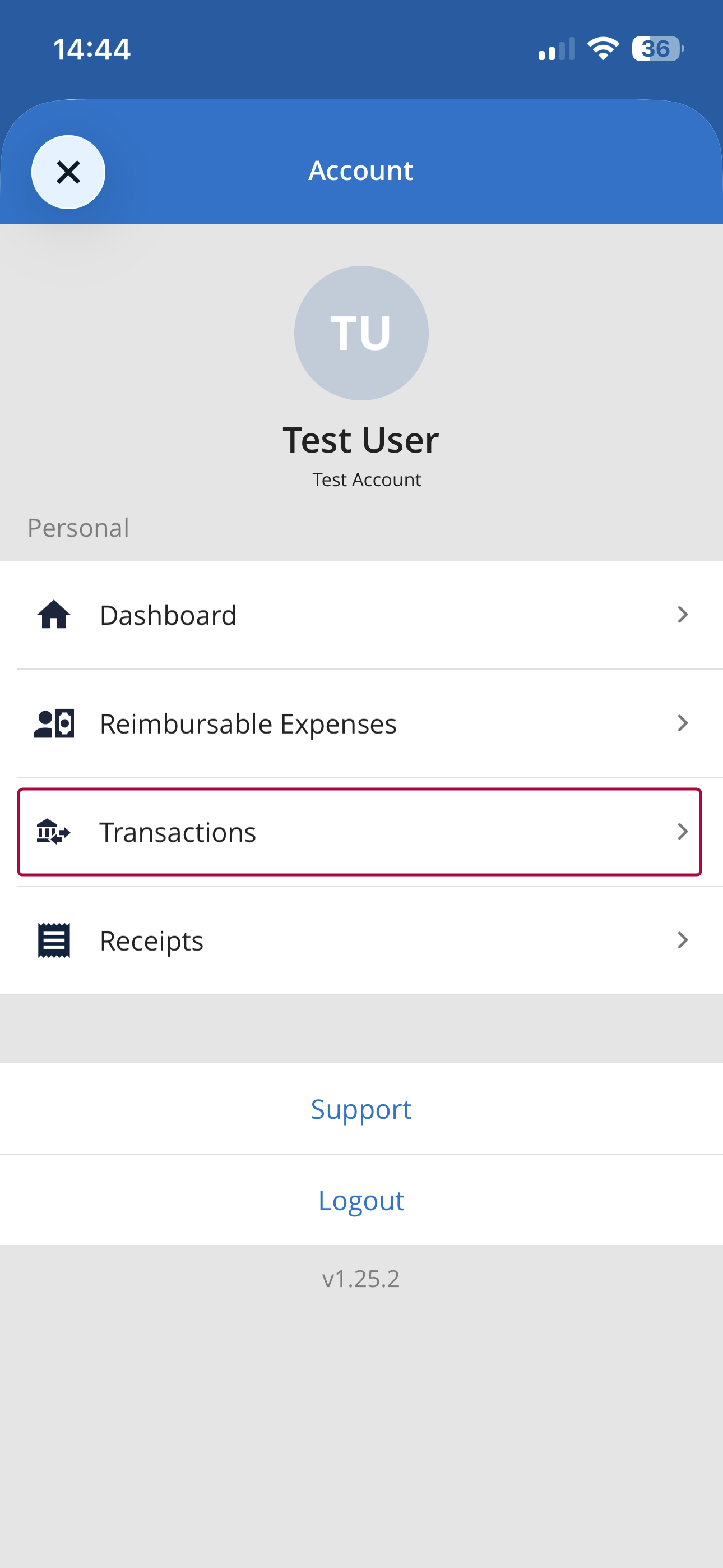 Navigation menu highlighting Transactions