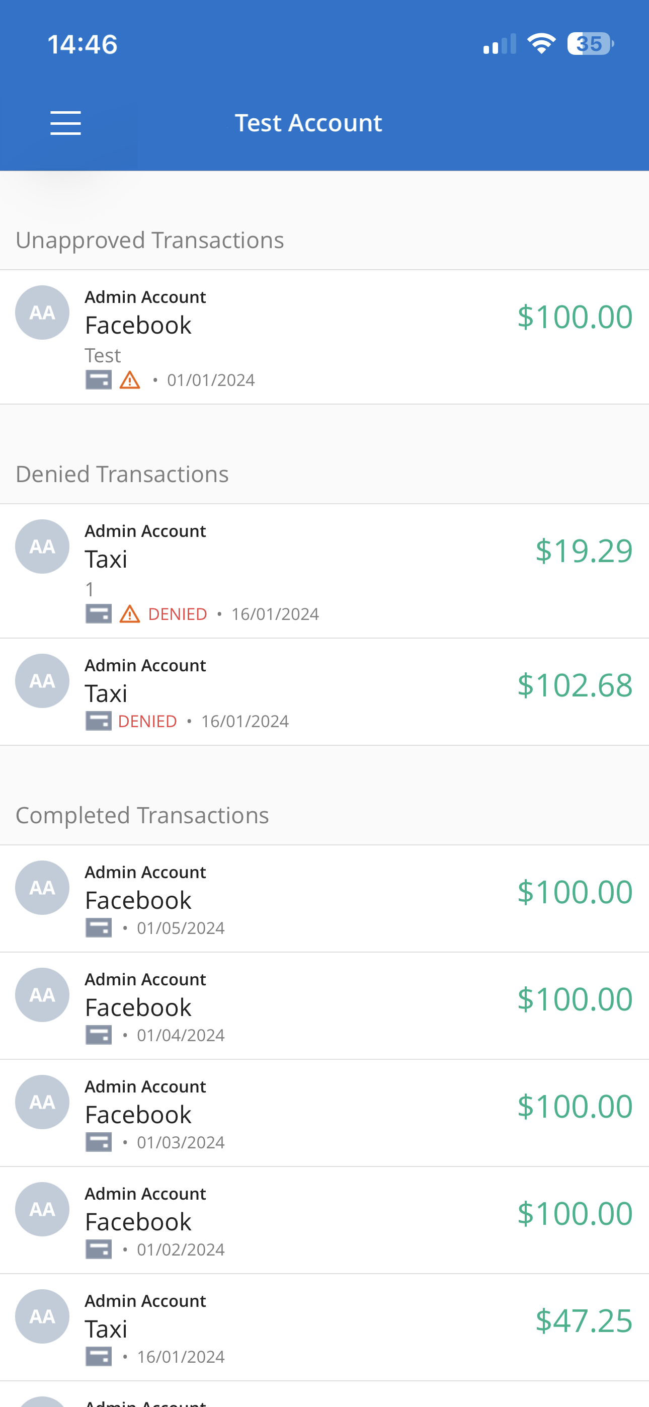 List of recent corporate card transactions