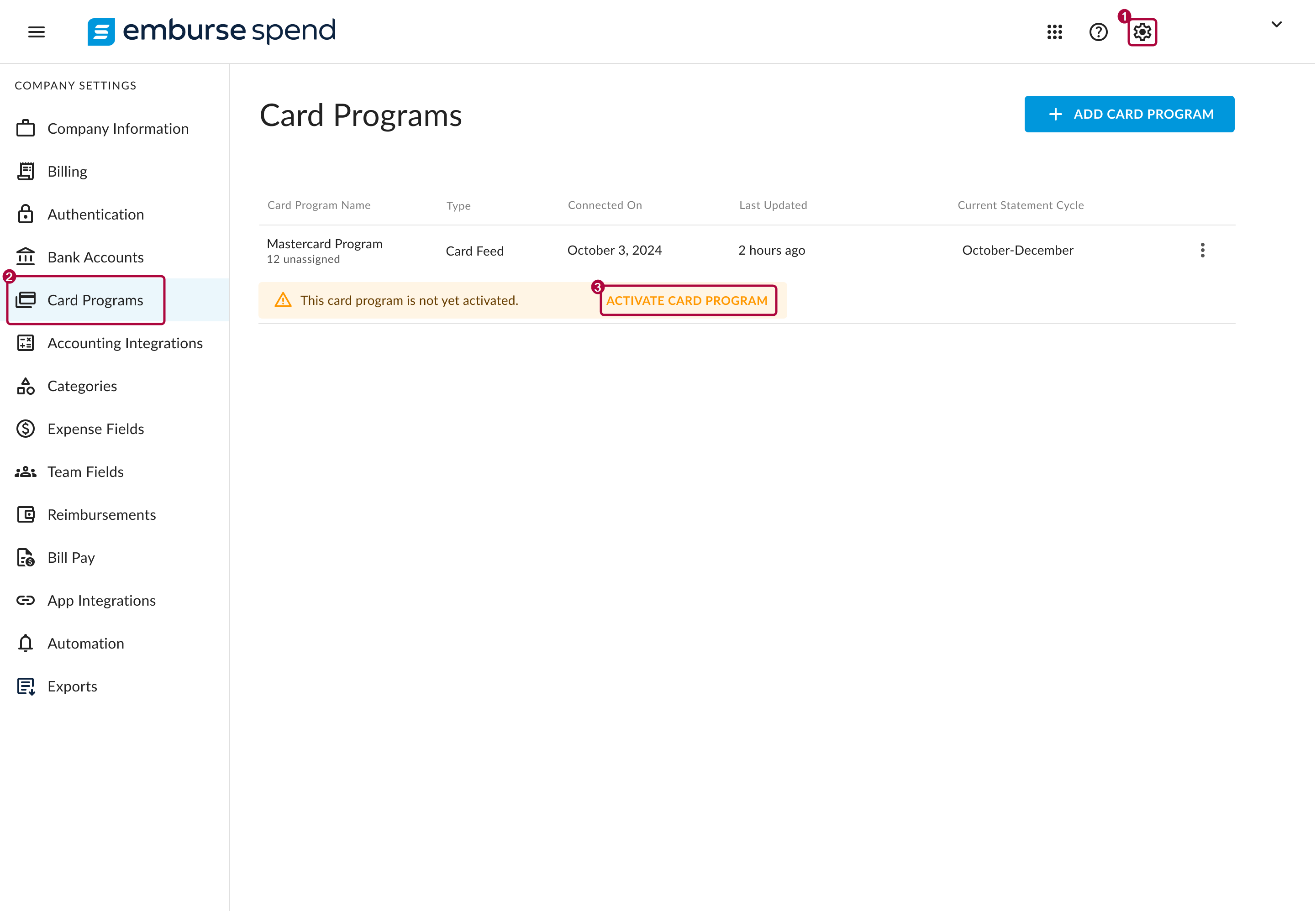 Card Programs page showing ACTIVATE CARD PROGRAMS button for a Mastercard program in Company Settings