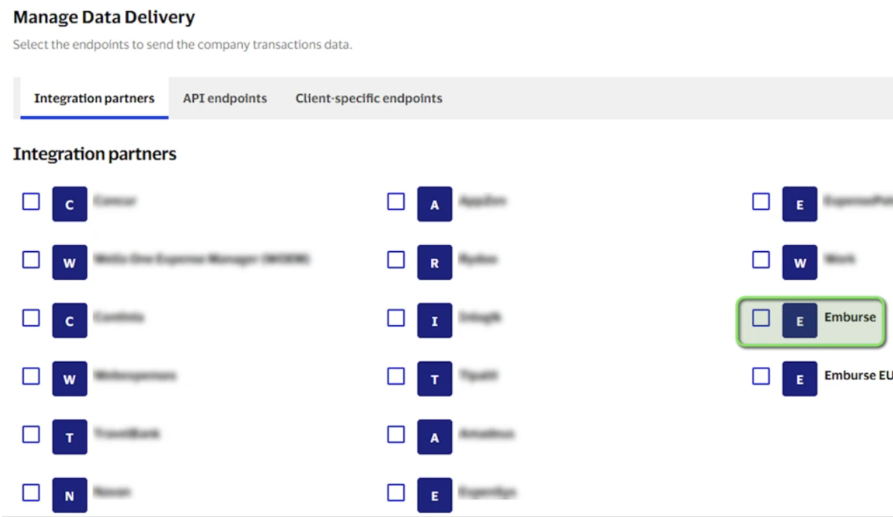 Visa Commercial Data Solutions screen showing integration partners with Emburse selected for data delivery